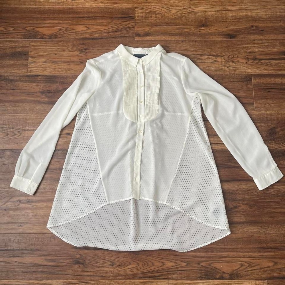 Anthropologie Maeve White Polka Dot Blouse Button Up Long Sleeve Women 8 Work‎